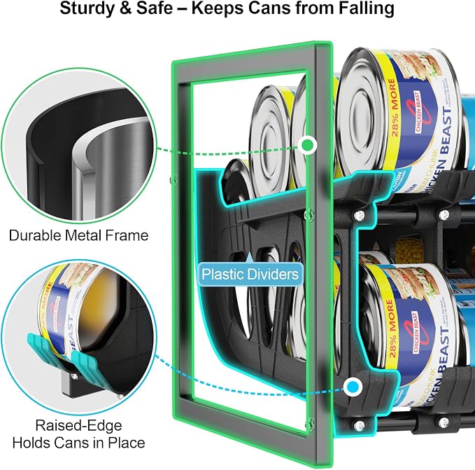 iSPECLE Can Storage Organizer Pantry - Auto-Rolling Expandable Hold 80 Cans | Stackable For Walk-in Deep Pantry Shelve, Adjustable Width for Food Cans, Sturdy Metal Frame, Easy Access & Restocking, Black