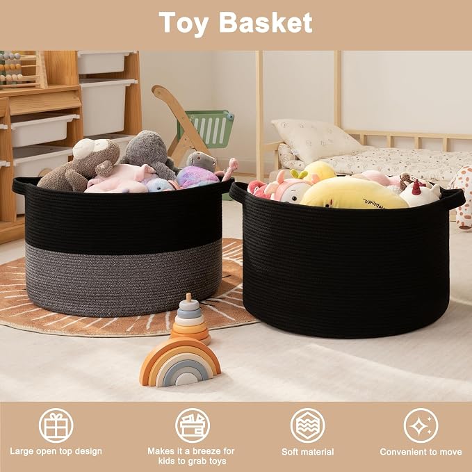 OIAHOMY 90L XXXLarge Blanket Basket for Living Room, 21.7" x 13.8" Woven Cotton Rope Laundry Basket for Organizing Pillows, Decorative Stuffed Animal Toy Storage for Nursery, Black