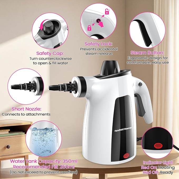 Steam Cleaner, Pressurized Handheld Multi-Surface Natural Steam Cleaner with 12pcs Accessory & Safety Lock, Portable Steamer for Cleaning Home, Kitchen, Bathroom, Car, Upholstery, Grout, Window