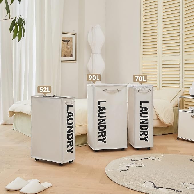 DOKEHOM 29" Enlarged Slim Rolling Laundry Basket Hamper on Wheels, Beige | Collapsible tall laundry hamper with removable mesh wash bag. Foldable narrow corner clothes storage bin for small spaces