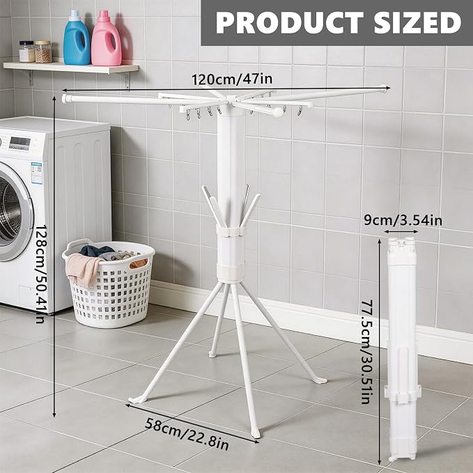 Foldable Four-Legged Clothes Drying Rack Extendable with 16 Clips | Collapsible Laundry Space-Saving Portable Clothing Rack for Indoor Balcony Camping Outdoor Use