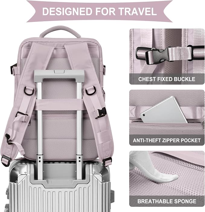 WONHOX Large Travel Backpack Women, Carry On Backpack, Hiking Backpack Waterproof Outdoor Sports Rucksack Casual Daypack with USB Charging Port Shoes Compartment, Lotus Pink