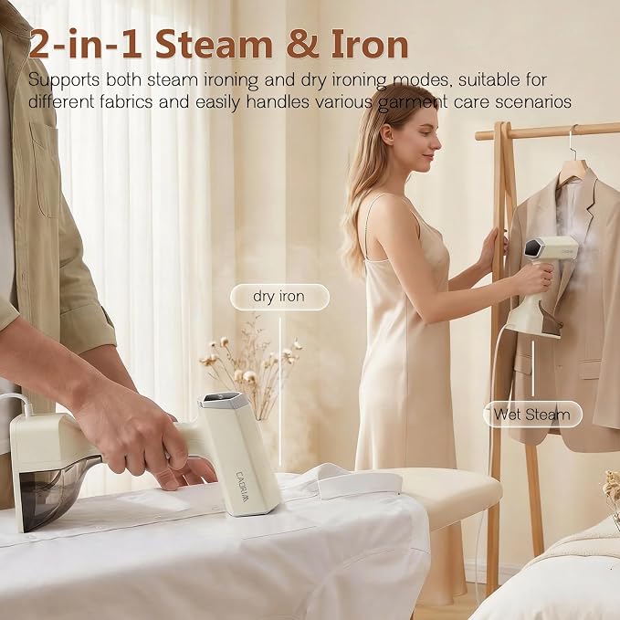 Cadrim Steamer for Clothes,Portable Handheld Fabric and Garment Steamer Iron Press Wrinkle Remover with Lint Remover & Fabric Brush – White