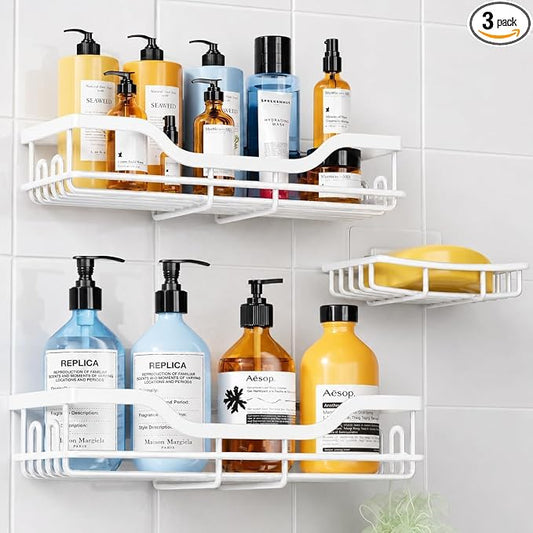 OMAIRA 3-Pack Shower Caddy with Soap Holder, Adhesive Rustproof No-drill Strudy Loading Inside Shower Organizer Shelves Rack Storage Bathroom Organization for Smooth Wall Glass Tile, White (XX-Large)