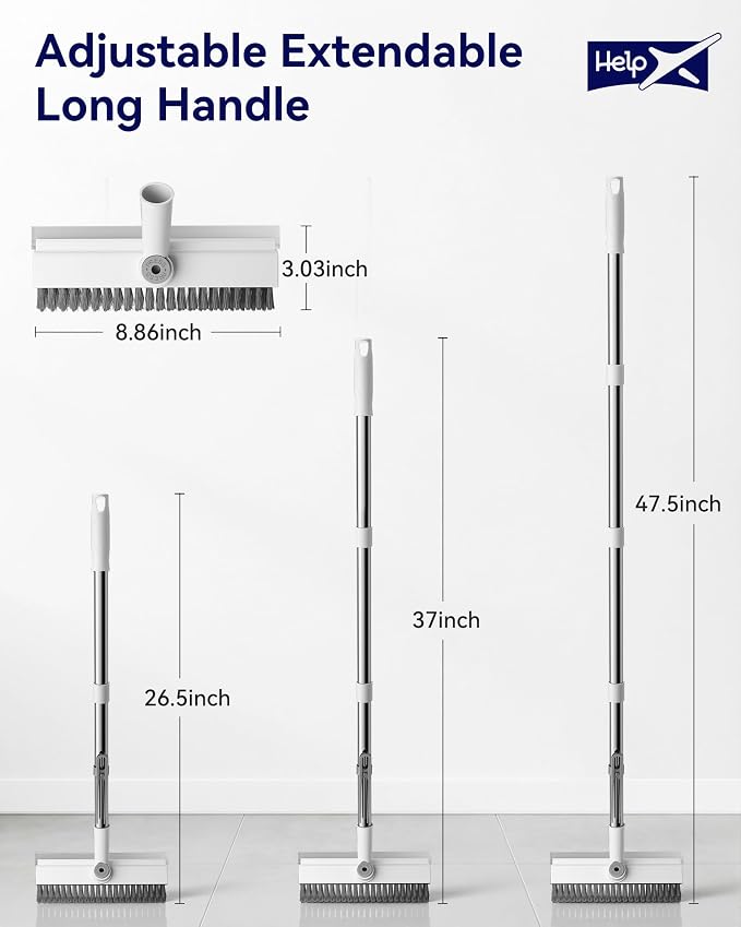 Small Floor Scrub Brush with Length Adjustable Long Handle, 3 in 1 Heavy-Duty Stiff Bristle Scrubber Brush with Squeegee and Tweezer Push Broom for Cleaning Bathroom, Patio, Garage and Kitchen