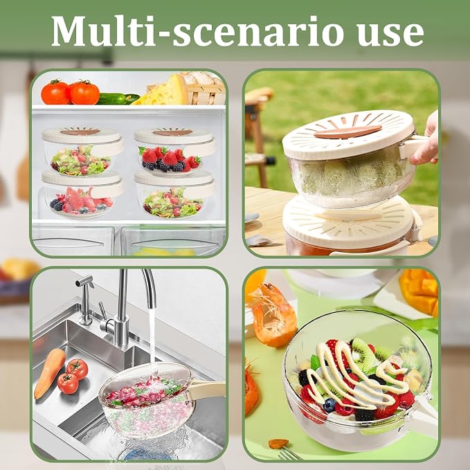 2 Pcs Multipurpose Drain Basket with Lid & Foldable Handle,2 in 1 Draining and Preservation Basket,Fruit Strainer Container with Lid for Fridge Freshness,Outdoor Picnics(1QT+1QT)