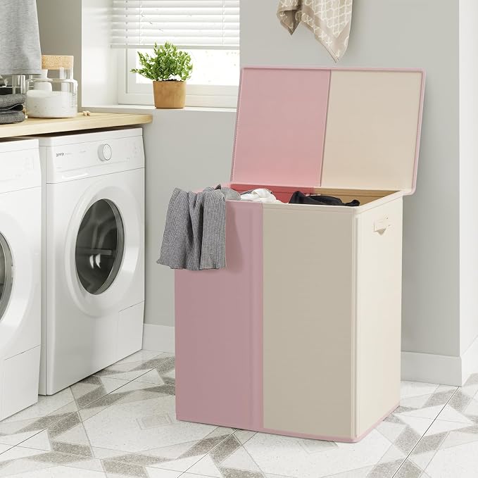 WOWLIVE Double Laundry Hamper with Lid, 154L Large Laundry Basket Organizer | Collapsible Dirty Clothes Hamper 2 Section, with Removable Laundry Bags for Laundry Room, College Dorm, Pink and Beige