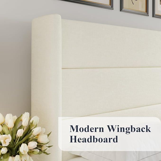 Allewie King Size Chenille Lift Up Hydraulic Storage Bed Frame Cream White | Chenille Fabric Upholstered, Modern Wingback Headboard, Hydraulic Support Storage, No Box Spring Needed