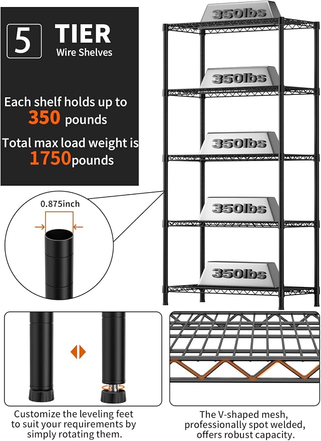 Golpart 5Tier Adjustable Storage Shelves Metal Wire Shelving Standing Shelf | Utility Heavy Duty Unit Rack Closet Organize for Home Kitchen Laundry Room Organization Pantry 18"Dx36"Wx72"H Black