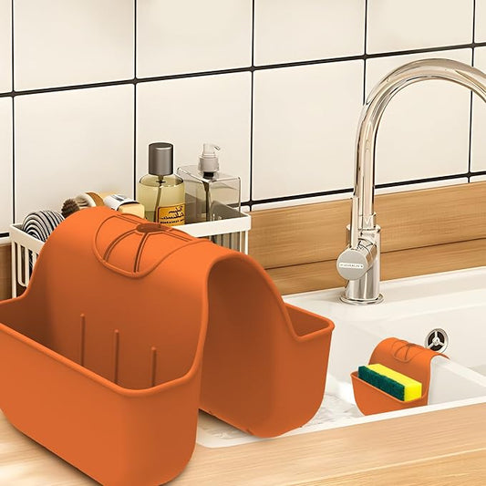 Sponge Holder for Kitchen Sink, Silicone Sink Saddle Caddy Organizer Rack, Sponges Holder Over Faucet, Hanging Kitchen Organizer Accessories Rack Basket - Orange