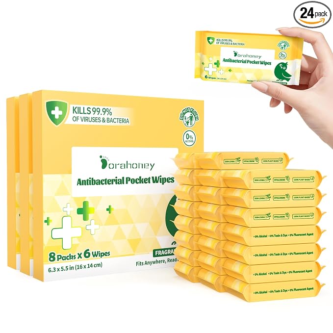 Mini Antibacterial Wet Wipes, 99% Water Hand Sanitizer Travel Wipes, Safe for Sensitive Skin & Hypoallergenic Hand Sanitizing Pocket Wipes, 144 Count (24 Packs of 6)