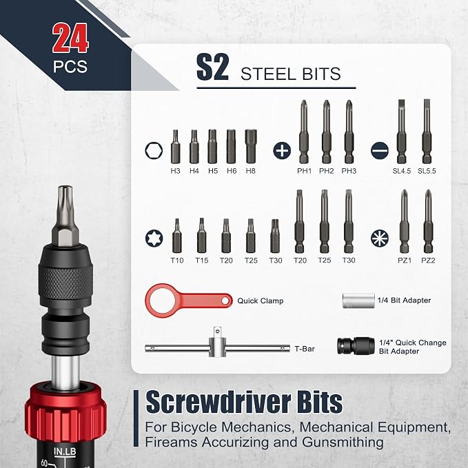VANPO Torque Screwdriver, 10-60 In-lb, 24 Piece, Click Style for Gunsmith | 1 in-lb Increment, Grip ergonomics, 1/4 Inch Torque Wrench Screwdriver Set with S2 Bits for Electronics, Bike & DIYer