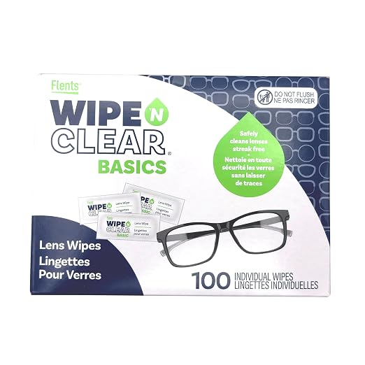Flents Lens Wipes, Wipe 'N Clear Basic, 100 Count, Pre-Moistened | Streak-Free, Safe for Glasses, Sunglasses, Gentle Cleaning, Clear Vision, Streak-Free, Individually Wrapped for Travel