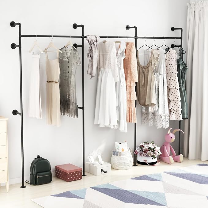ORSENIGO Industrial Pipe Clothing Rack, Heavy Duty Clothes Rack for Hanging Clothes, Wall Mounted Display Garment Rack for Home Retail Boutique (Three, Black)