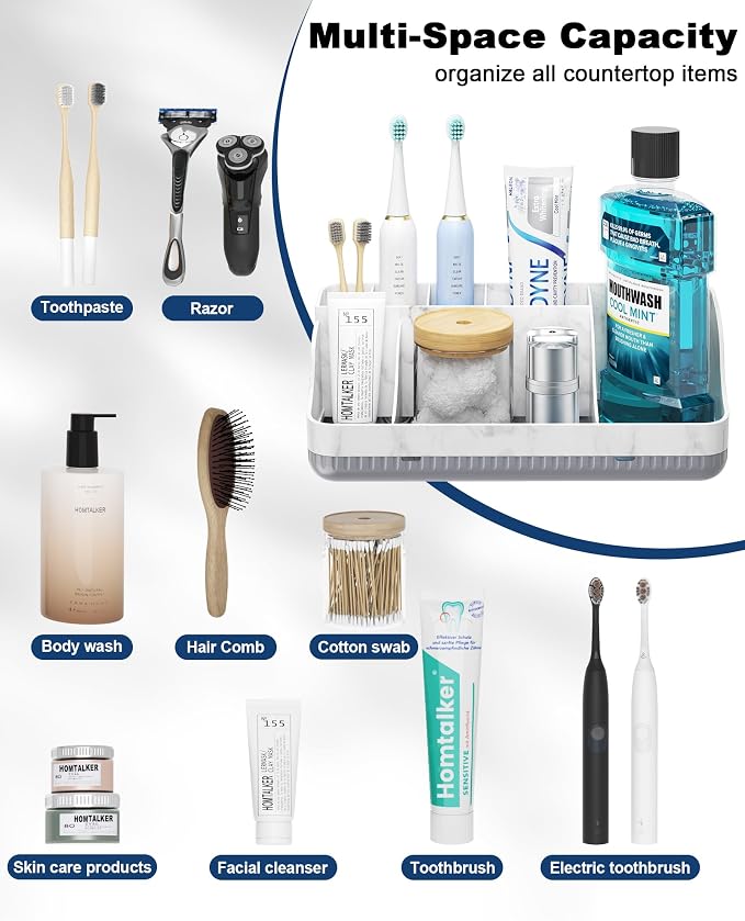 Bathroom Counter Organizer and Storage with 2 Pack Qtip Holder Dispenser, 7 Slots Detachable Toothbrush Holders for Bathrooms, Anti-Slip Electric Toothbrush and Toothpaste Holder Countertop