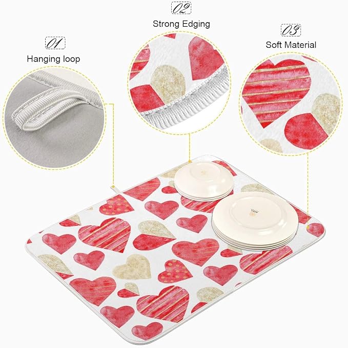 Red Gold Watercolor Hearts Love Dish Drying Mat 16x18 for Kitchen Valentine's Day Love Flowers Dishes Pad Dish Drainer Rack Mats Absorbent Fast Dry Kitchen Accessories
