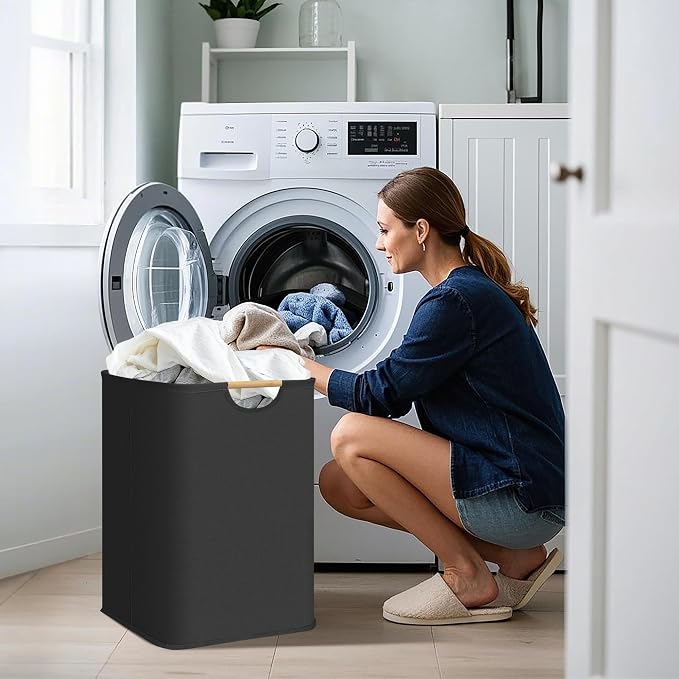 STORAGE MANIAC 3-Pack Large Laundry Hamper, 100L (26.4 Gal) Collapsible Laundry Basket with Bamboo Handles, Freestanding Waterproof Clothes Hamper for Laundry Room, Bedroom, Dorm, Towels, Black
