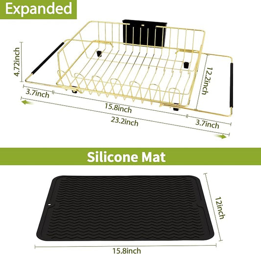 Golden Expandable Dish Drying Rack-Extra Large Stainless Steel Dish Drainer Over The Sink for Kitchen Countertop with Utensil Holder, Applicable for Sink Width 16'-22' (Gold,23.2'*12.2')