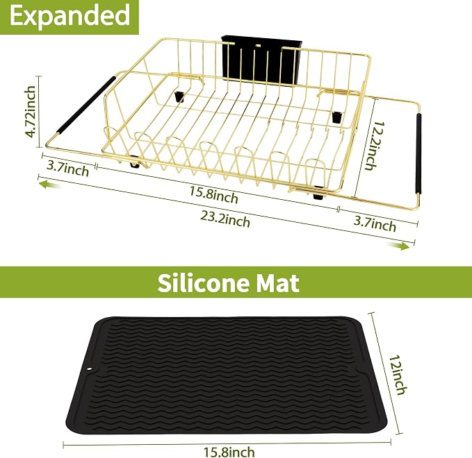 Dish Drying Rack-Large Stainless Steel Dish Drainer Over The Sink for Kitchen Countertop with Utensil Holder and Silicone Drying Mat(Gold, in Sink, 24.2'*13.2')