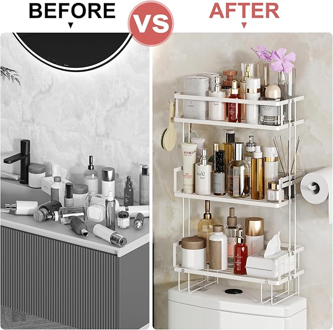 Godboat 3-Tier Over Toilet Storage Shelf, Wall-Mount with 2 Hook/Paper Rack | Bathroom Organizers and Storage Cabinet, Behind/Above/On/Top/Back Tank Shelves, Decor for Bathroom/Restroom/Kitchen/Bedroom