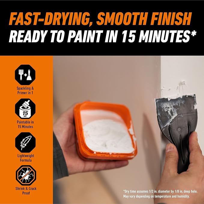 GORILLA Wall Repair Kit, Heavy Duty Spackling, 8 fl oz Tub, 4 in Patch | Includes 3 in Putty Knife, Sanding Block, Lightweight Drywall Filler, Strong Repairs for Walls and Ceilings