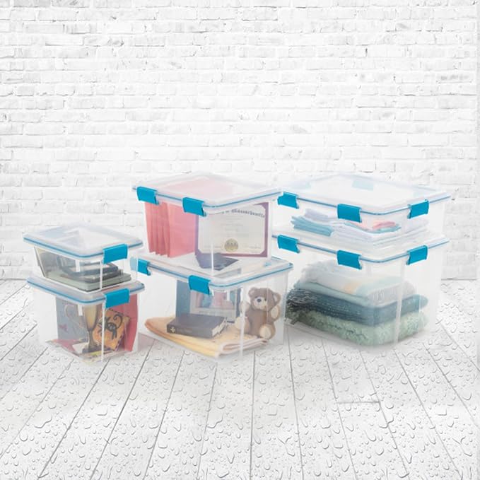 Sterilite Gasket Storage Box w/Lids for Home & Office, 7.5 Quart, 12-Pack | Heavy-Duty, Stackable, and Organizing Containers for Bathroom, Cabinet, Closet, and Garage, Clear and Blue Aquarium Latches