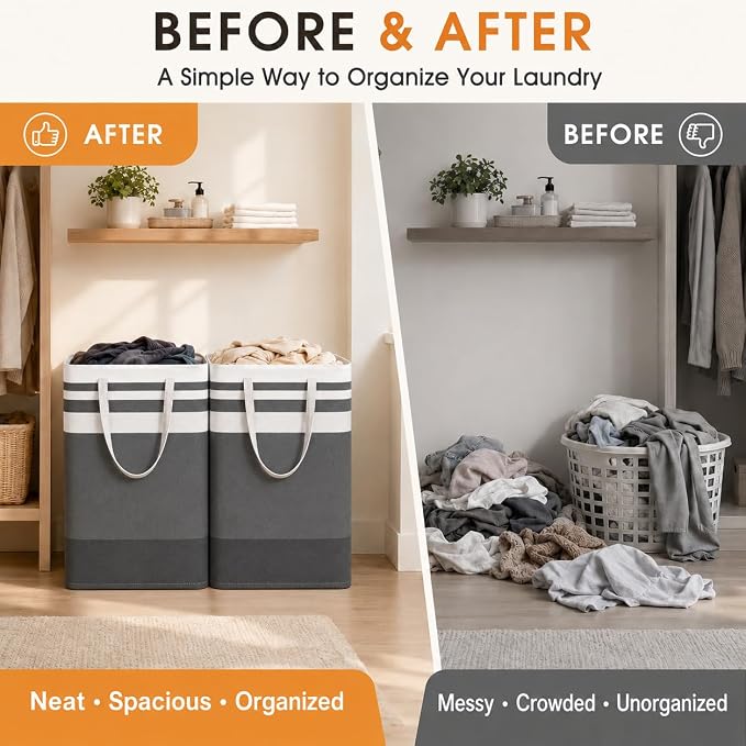 BOOMIBOO 2 Pack Large Laundry Basket,Waterproof Freestanding Laundry Hamper,Collapsible Clothes Basket with Easy Carry Handles in Laundry Room Bathroom Bedroom Dorm,Gradient Grey,100L