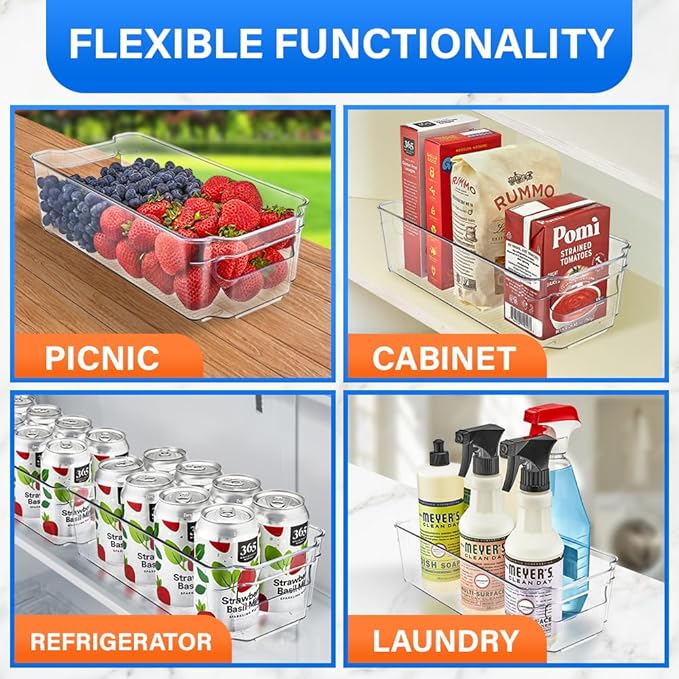 Lifemaster Multi-Purpose Refrigerator Bins - 8 Pieces Usable And Stackable Design Fridge Bin Organizer With Easy Grip Handles - Clear