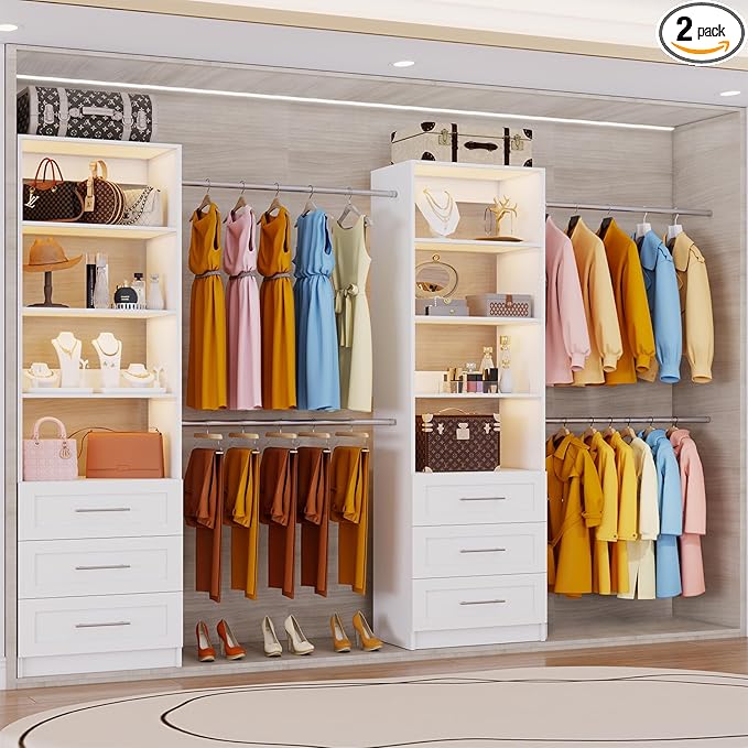 Closet System with 6 Drawers, 5FT-15FT Custom Closet Organizer System Modular Walk in Closet Storage Wooden System with 8 Expandable Hanging Rods Adjustable Shelves 2 Sets White