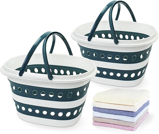 2 Pack Compact Collapsible Laundry Basket, Small Size Pop-Up Hamper Perfect for Bedroom Side,Bathroom,Travel, Not for Large Families, Foldable with Handle, Measures 16 x 12.5 x 9.5 In, (Blue)
