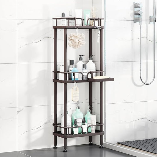HapiRm Standing Corner Shower Caddy - 3 Tier Corner Shower Organizer with Soap Holder, Rustproof Stainless Steel Bathroom Shelf with 4 Hooks, Bronze