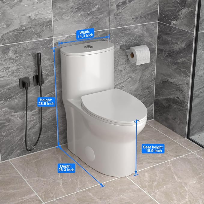 One Piece Toilet 12'' Rough Inch - White Ceramic Compact Toilets with 15.9" Soft Close Chair Seat 1.1/1.6 GPF Water Saving Dual Flush High Efficiency Easy to Clean 14.3''x26.3''x28.6''
