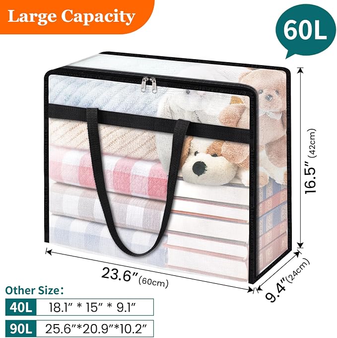 TasticTotes 4 Pack Clear Storage Bags for Comforter, Clothes & Bedding, 60L | Plastic Blanket Storage with Zipper & Handle, Foldable Moving Bags, Closet Organizer and Under-Bed Storage Containers