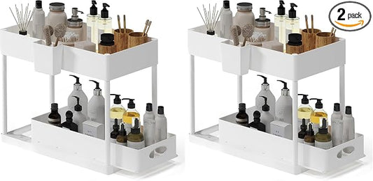 Under Sink Organizers and Storage, Bathroom Cabinet Organizer, Sink Shelf with Utility Hooks and Side Caddy for Under Cabinet Storage | Under Kitchen Sink Organizer with Sliding Drawer, White (2-Pack)