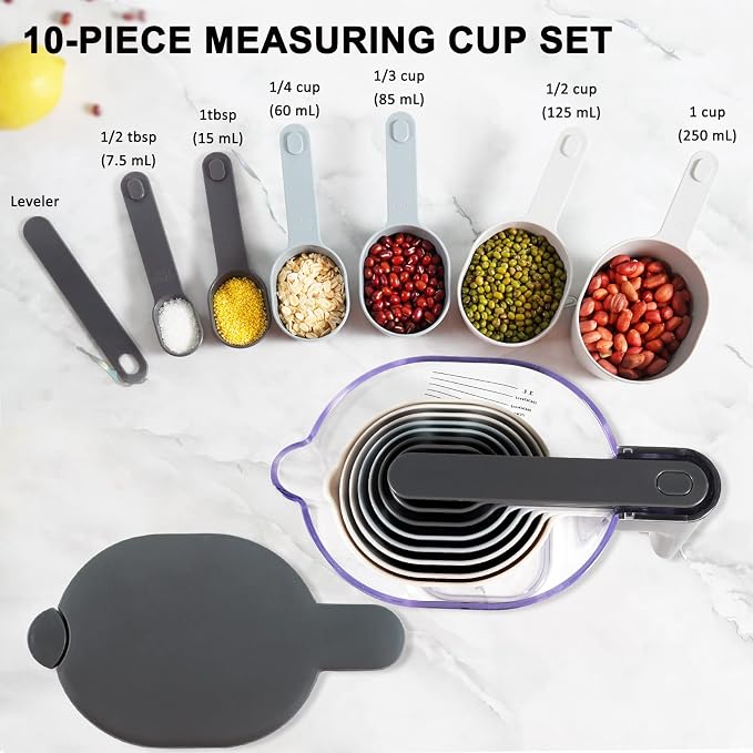 18-Pc Magnetic Measuring Cups and Spoons Set, with Lid, Golden | Includes 1 cover, 9 stackable cups set & 8 magnetic spoons, BPA-free & dishwasher safe, for liquid and dry baking