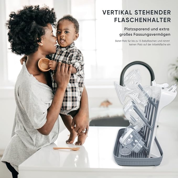 Termichy Baby Bottle Drying Rack：Large Vertical Space Saver for Countertop | With 15 Hooks - Quick-Dry Holder for Nipples, Teethers & Breast Pump Parts -Newborn Essentials Must-Haves Grey