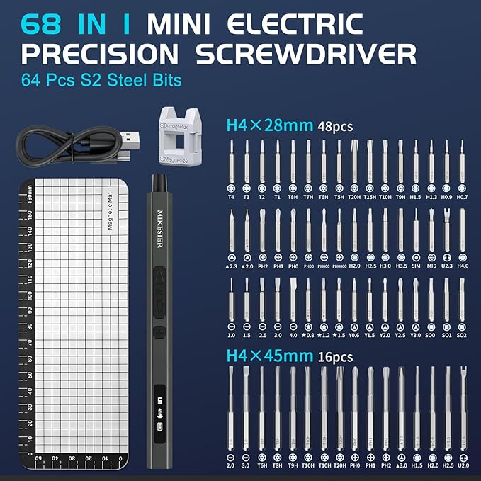 Mini Precision Electric Screwdriver Set, 68 in 1 Compact Repair Kit | 5 Torque Settings, 64 S2 Magnetic Bits, 200 RPM, Cordless Tool for Phone, Laptop, Camera, Drone & Game Console