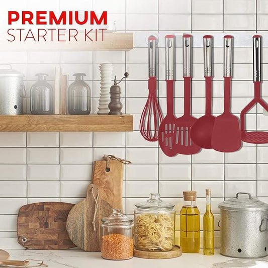 Cooking Utensils Set - 24 Pieces Nylon Kitchen Gadgets, Spatula Set with Stainless Steel Handles - Heat Resistant Kitchen Utensils Set - Red Kitchen Tools and Gadgets