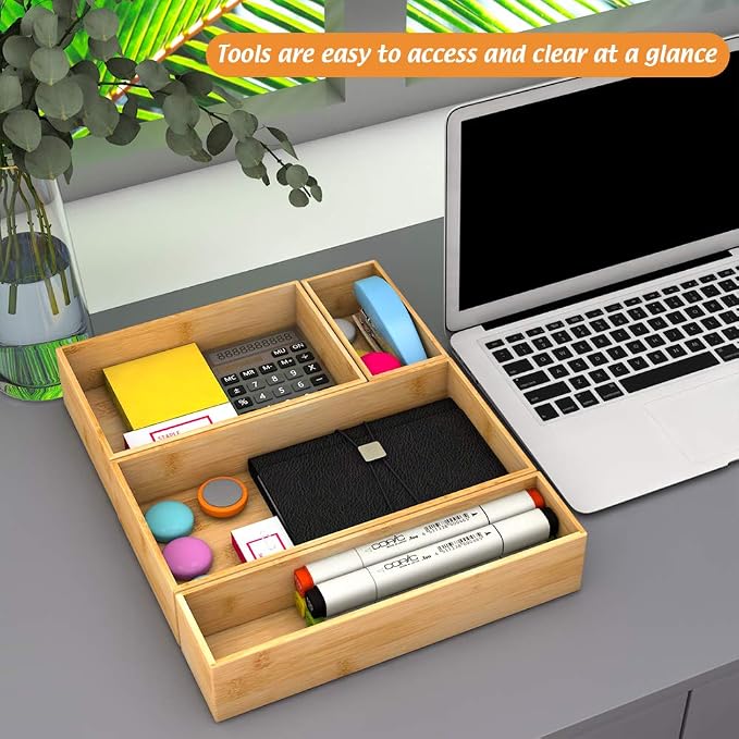 Bamboo Kitchen Drawer Organizer 9"x 6", Storage Box for Utensil Organizer | Wooden Silverware Tray Cutlery Holder Flatware Containers, Multi-Use Deep Drawer Dividers Organizer for Bathroom, Jewelry