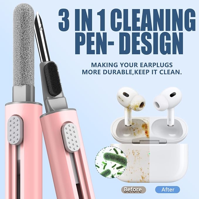 Inesore Multi Cleaning Kit for AirPods & All Bluetooth Earbuds (Pink) | Metal Tip, High-Density Soft Brush, Flocked Sponge Tip, 3 in 1 Design, Compact & Lightweight, Easy Operation, Easy to Carry
