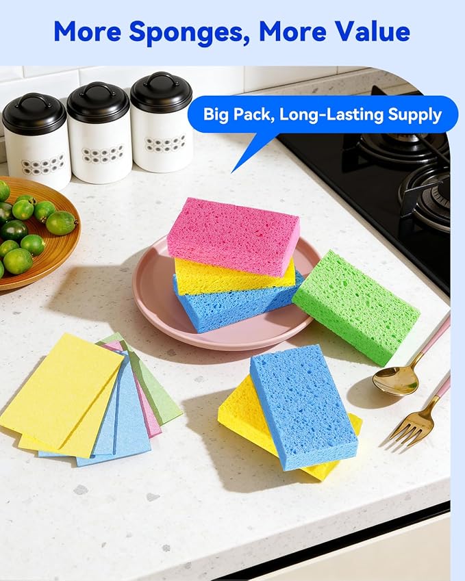Temede 12-Count Cellulose Sponges, Heavy Duty Kitchen Sponges, Non-Scratch | Pop-Up Compressed Cellulose Dish Sponges, with a Durable and Firm Texture for Cookware, Bathroom and Household Cleaning