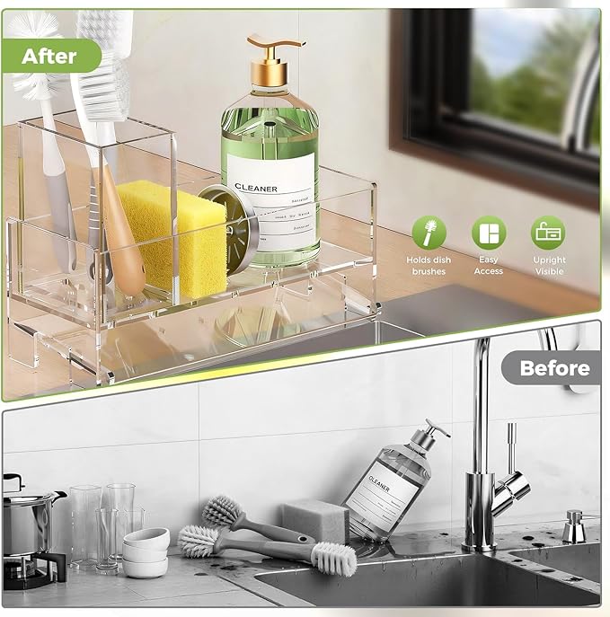 Clear Acrylic Kitchen Sink Caddy Organizer, Auto Drain Sponge Holder | Holds high brush & dish soap dispenser. Countertop storage essentials keep your sink dry, rustproof & easy to clean.