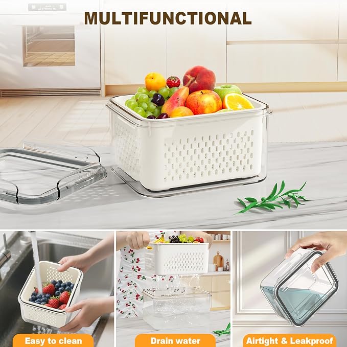 8 Pcs Fruit Storage Containers for Fridge (with Drain Basket) - Leak-Proof Food Containers, BPA-Free, Keep Fruits, Vegetables, Berries, and Meats Fresh for a Long Time, Dishwasher and Microwave Safe