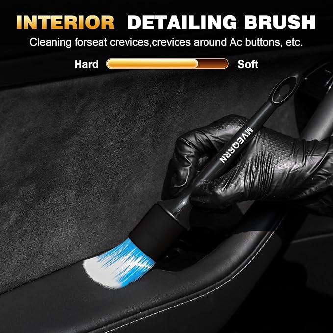 MVEQRRN 7PCS Car Detailing Brush Set,Boars Hair Detail Brush Kit(Black) | Ultra Soft No Scratch, Car Dust Brush,Car Detailing Brushes Kit, Detail Brushes Car Detailing for Interior Exterior