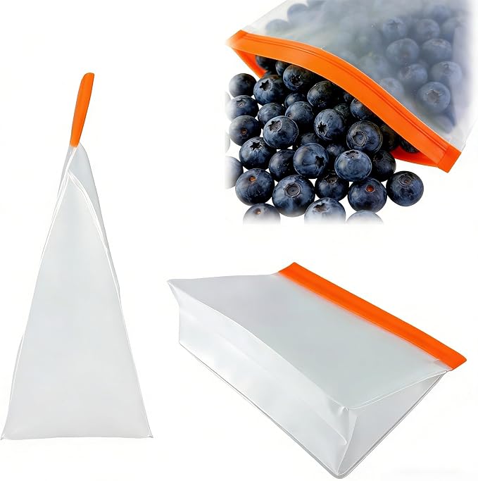 PABCK 10Pcs Reusable Silicone Freezer Bags 5Green+5Orange 9.8x7.3+2.76 inch | Stand Up Freezer Food Bags Leakproof Resealable Produce Bag for Sandwich Smell Proof Fridge Organization for Lunch Travel