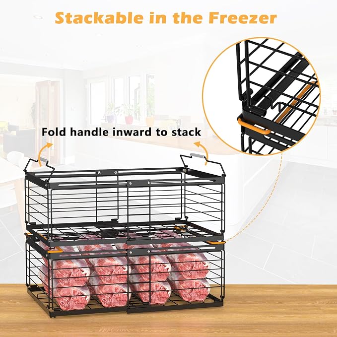 NADAMOO Expandable Chest Freezer Organizer, Stackable Wire Baskets | Adjustable 11-17.3 Inches, Heavy Duty 35 lbs Capacity, Foldable Handles, 360° Airflow, Fits 5-20 Cu Ft Models, 2 Pack