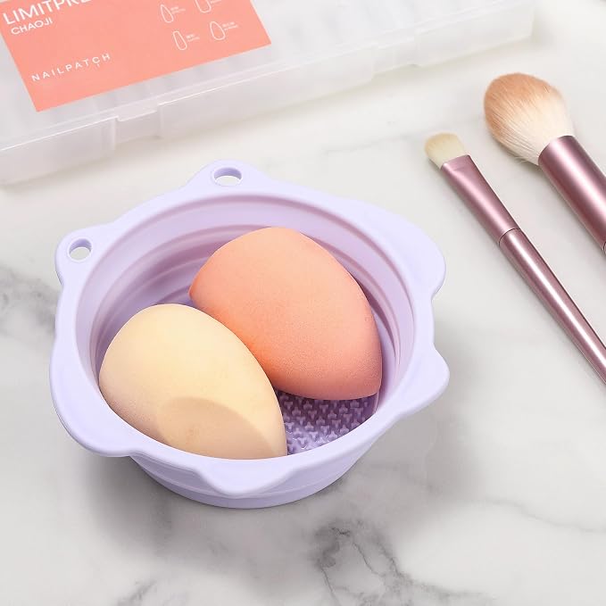 Foldable Silicone Makeup Brush Cleaner Bowl | Portable Cleaning Tool For Brushes, Powder Puffs, Sponges (Purple)