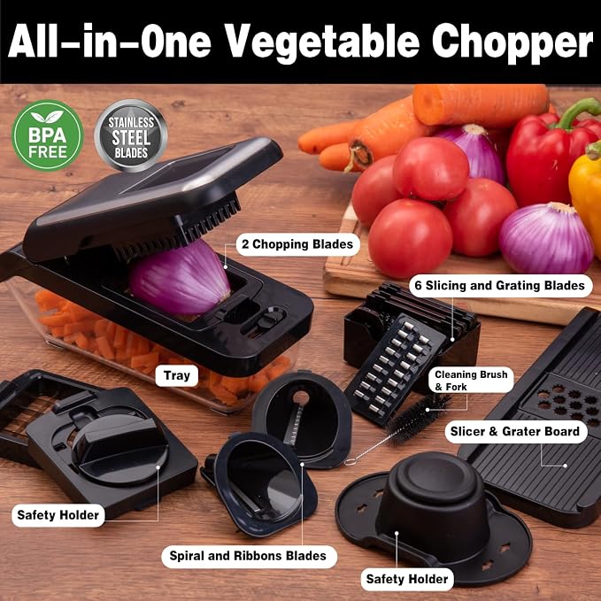 Vegetable Chopper, 10-in-1 Mandoline Slicer & Food Chopper, Multifunctional Veggie Onion Chopper Cutter with Container and Spiralizer, Kitchen Gadgets for Salad,Potato,Carrot,and Garlic
