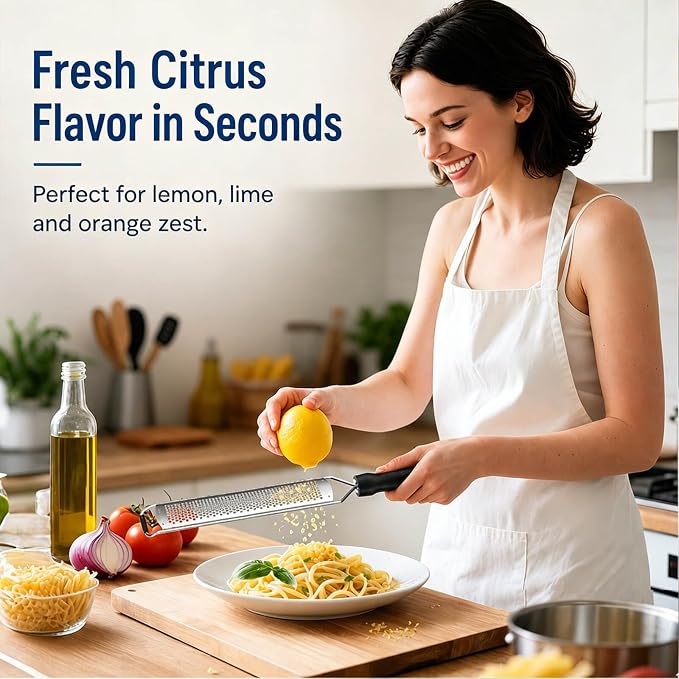 Zester Grater, Lemon Zester Grater with Handle, Premium Stainless Steel Citrus Zester for Parmesan, Garlic, Chocolate, Ginger, Non-Slip Grip, Safety Cover & Cleaning Brush, Black