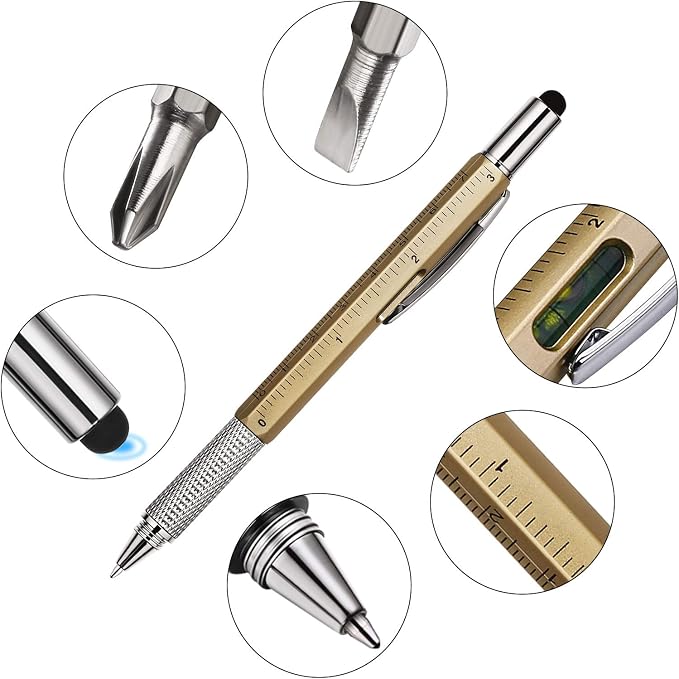 Zhanmai 8 Pcs 6 in 1 Multitool Pen Bulk Gift for Men Multi Tool Ballpoint Pen with Ruler Level Screwdriver Stylus 20 Ink Cool Refill Tool Gadget Birthday Christmas Stocking Stuffers for Adult (Gold)